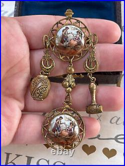 Antique brooch 19th Victorian Style Long w 2 Cameos Hand Painting Very Rare