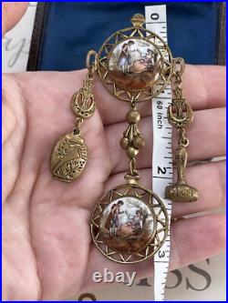 Antique brooch 19th Victorian Style Long w 2 Cameos Hand Painting Very Rare