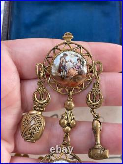 Antique brooch 19th Victorian Style Long w 2 Cameos Hand Painting Very Rare