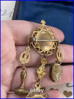 Antique brooch 19th Victorian Style Long w 2 Cameos Hand Painting Very Rare