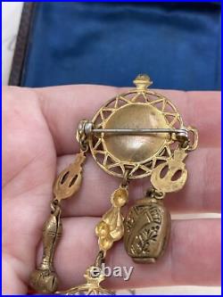 Antique brooch 19th Victorian Style Long w 2 Cameos Hand Painting Very Rare