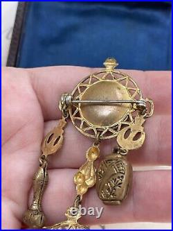 Antique brooch 19th Victorian Style Long w 2 Cameos Hand Painting Very Rare
