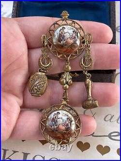 Antique brooch 19th Victorian Style Long w 2 Cameos Hand Painting Very Rare