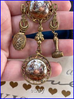 Antique brooch 19th Victorian Style Long w 2 Cameos Hand Painting Very Rare