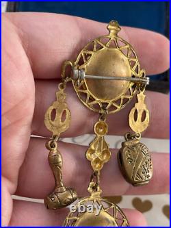 Antique brooch 19th Victorian Style Long w 2 Cameos Hand Painting Very Rare