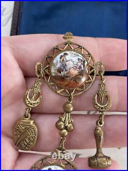 Antique brooch 19th Victorian Style Long w 2 Cameos Hand Painting Very Rare