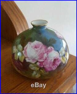 Antique c1900 JEAN POUYAT Limoges HAND PAINTED Squat Vase Signed Leona