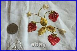 Antique c1900 Silk Society Work Hand Emb Strawberries Linen Cloth Lace Edge31