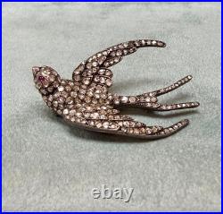 Antique c. 1850 Silver on Gold Swallow Brooch 192 Rose-Cut Diamonds & Ruby Eyes