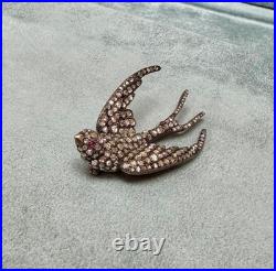 Antique c. 1850 Silver on Gold Swallow Brooch 192 Rose-Cut Diamonds & Ruby Eyes