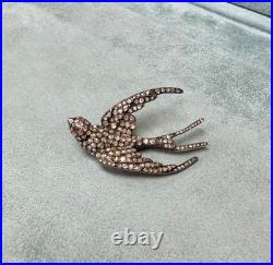 Antique c. 1850 Silver on Gold Swallow Brooch 192 Rose-Cut Diamonds & Ruby Eyes