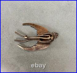 Antique c. 1850 Silver on Gold Swallow Brooch 192 Rose-Cut Diamonds & Ruby Eyes