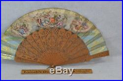 Antique hand fan Victorian hand painted renaissance carved wood rib 1800 19thc