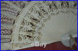Antique hand fan framed white lace carved wood ribs gold gilt Victorian vg