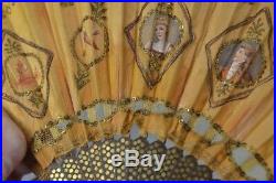 Antique hand fan painted portraits lace silk gold thread early 18th 19th c rare