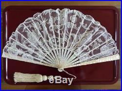 Antique lace hand fan ventaglio, crown of count mother of pearl needlepoint lace