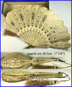 Antique mid Victorian Bone, Silk and Sequin Hand Fan, Jenny Lind Fashion, c. 1860