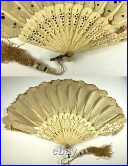 Antique mid Victorian Bone, Silk and Sequin Hand Fan, Jenny Lind Fashion, c. 1860