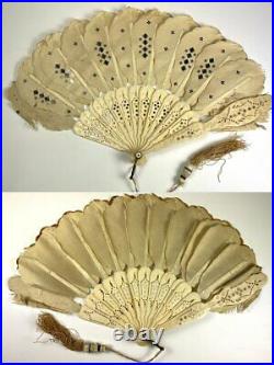 Antique mid Victorian Bone, Silk and Sequin Hand Fan, Jenny Lind Fashion, c. 1860