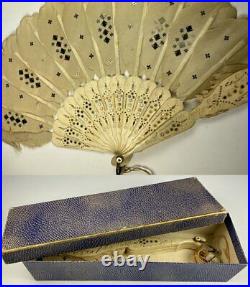 Antique mid Victorian Bone, Silk and Sequin Hand Fan, Jenny Lind Fashion, c. 1860