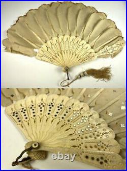 Antique mid Victorian Bone, Silk and Sequin Hand Fan, Jenny Lind Fashion, c. 1860