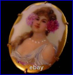 Antique pink lady Portrait brooch Hand painted 24kt gilt Porcelain cameo Clasp