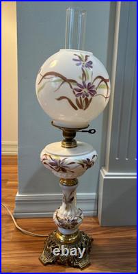 Antique victorian gwtw hand painted IRIS parlor OIL LAMP electrified 24 tall