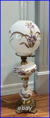 Antique victorian gwtw hand painted IRIS parlor OIL LAMP electrified 24 tall
