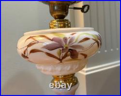 Antique victorian gwtw hand painted IRIS parlor OIL LAMP electrified 24 tall