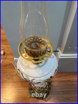 Antique victorian gwtw hand painted IRIS parlor OIL LAMP electrified 24 tall