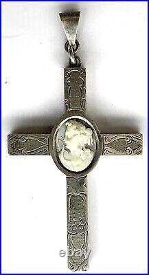 Antique-victorian-sterling Silver-shell Cameo-hand Etched-cross-crucifix-unique