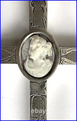 Antique-victorian-sterling Silver-shell Cameo-hand Etched-cross-crucifix-unique