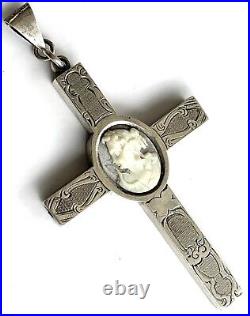 Antique-victorian-sterling Silver-shell Cameo-hand Etched-cross-crucifix-unique