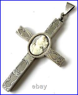 Antique-victorian-sterling Silver-shell Cameo-hand Etched-cross-crucifix-unique