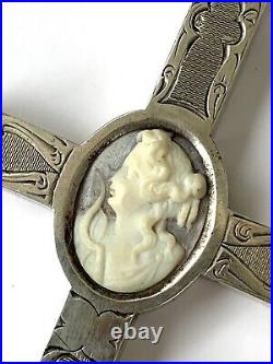 Antique-victorian-sterling Silver-shell Cameo-hand Etched-cross-crucifix-unique