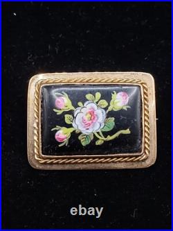 Antique vintage 14k gold hand painted floral brooch pin Georgian Victorian black