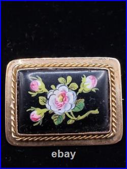 Antique vintage 14k gold hand painted floral brooch pin Georgian Victorian black