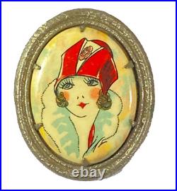 Art Deco Glamorous Flapper Girl Hand Painted Portrait Brooch Pin