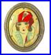 Art Deco Glamorous Flapper Girl Hand Painted Portrait Brooch Pin