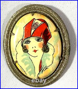 Art Deco Glamorous Flapper Girl Hand Painted Portrait Brooch Pin