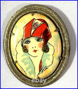 Art Deco Glamorous Flapper Girl Hand Painted Portrait Brooch Pin