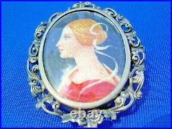Art Deco Hand Painted Portrait Pendant Exciting Rare Antique Silver Brooch