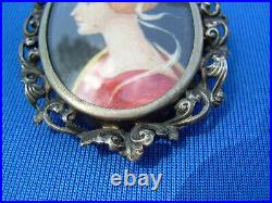 Art Deco Hand Painted Portrait Pendant. Exciting Rare Antique Silver Brooch