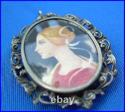 Art Deco Hand Painted Portrait Pendant Pin Vintage Antique Silver Charm Necklace