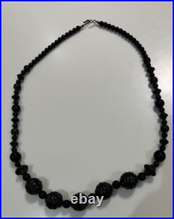 Atq Hand-Carved Whitby Jet Bead Necklace Round Bicone Polished Beads Victorian