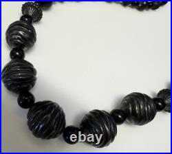 Atq Hand-Carved Whitby Jet Bead Necklace Round Bicone Polished Beads Victorian