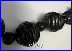 Atq Hand-Carved Whitby Jet Bead Necklace Round Bicone Polished Beads Victorian
