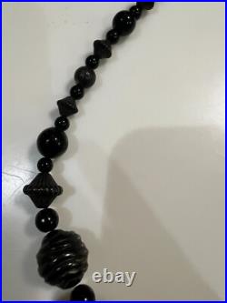 Atq Hand-Carved Whitby Jet Bead Necklace Round Bicone Polished Beads Victorian
