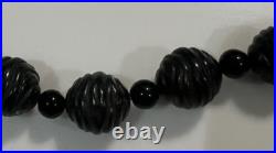 Atq Hand-Carved Whitby Jet Bead Necklace Round Bicone Polished Beads Victorian