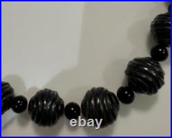 Atq Hand-Carved Whitby Jet Bead Necklace Round Bicone Polished Beads Victorian